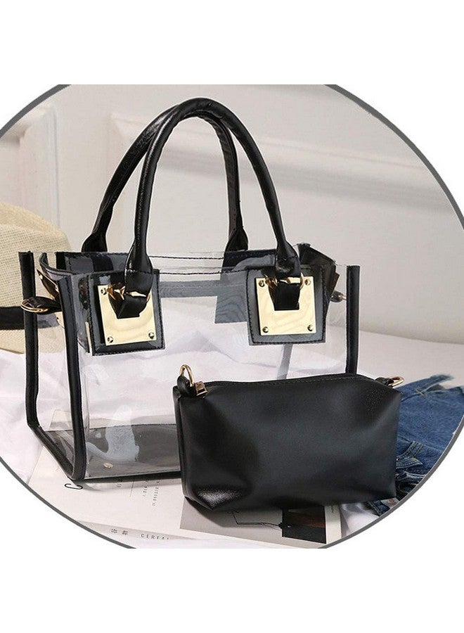 Rullar Fivelovetwo Women 2 Pcs Small Clear Tote Beach Shoulder Tophandle Bag Pvc Transparent Satchel Handbag Purse Black - Image 3