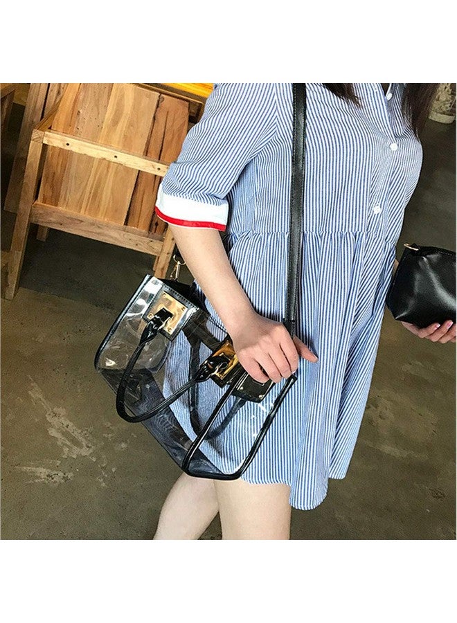 Rullar Fivelovetwo Women 2 Pcs Small Clear Tote Beach Shoulder Tophandle Bag Pvc Transparent Satchel Handbag Purse Black - Image 5