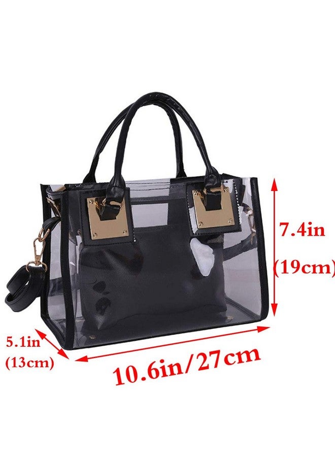 Rullar Fivelovetwo Women 2 Pcs Small Clear Tote Beach Shoulder Tophandle Bag Pvc Transparent Satchel Handbag Purse Black - Image 2
