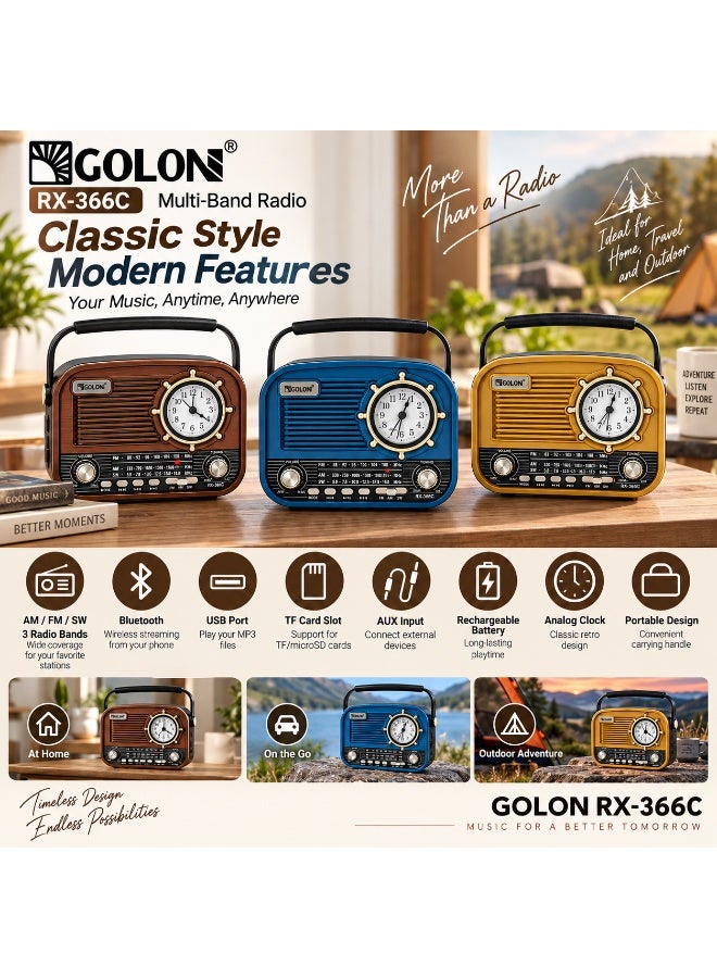 Golon RX-366C Portable Multi Band FM/AM/SW Clock Radio with Bluetooth - Image 2