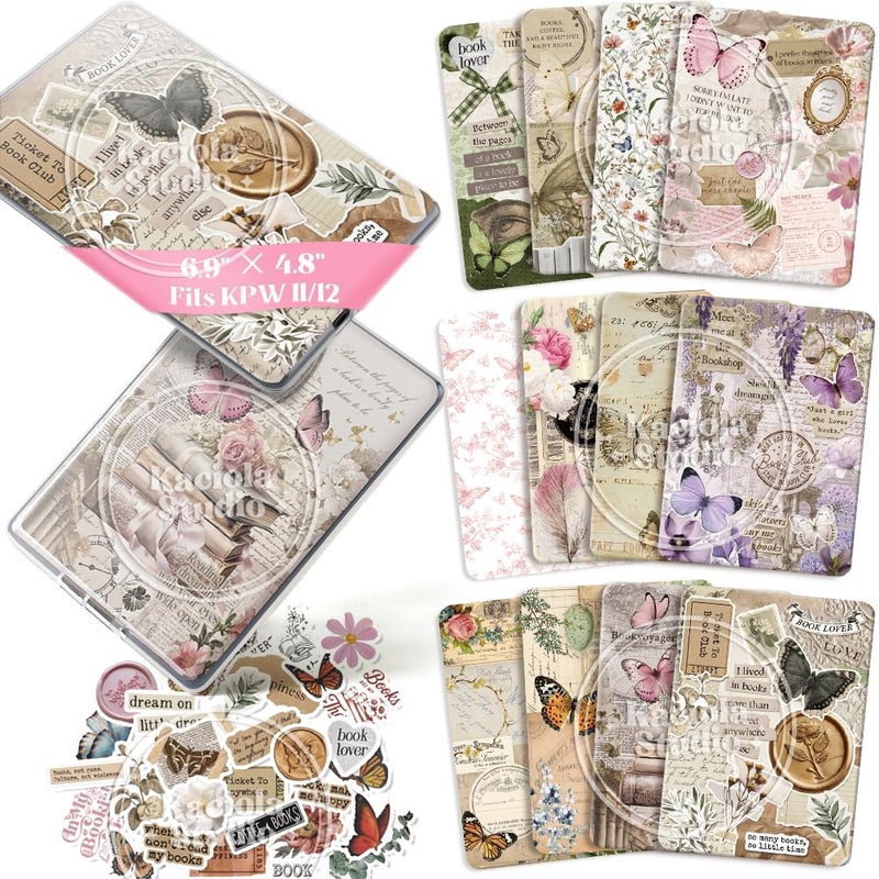 Kaciola 12PCS Inserts Cardstock for E-reader, 50PCS Stickers for Clear Case Insert, 6.9"x4.8" Vintage Butterfly Theme Inserts Compatible with Paper White 11th-12th Gen, E-Reader Gift for Booklover - Image 1