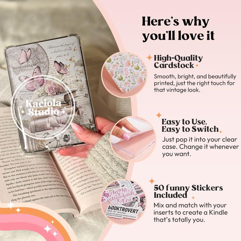 Kaciola 12PCS Inserts Cardstock for E-reader, 50PCS Stickers for Clear Case Insert, 6.9"x4.8" Vintage Butterfly Theme Inserts Compatible with Paper White 11th-12th Gen, E-Reader Gift for Booklover - Image 4