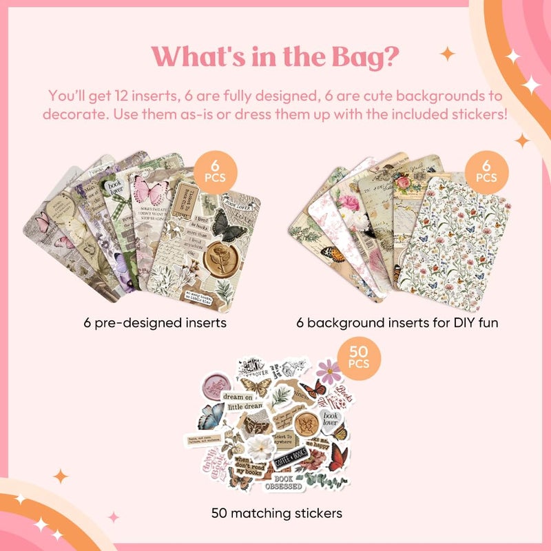 Kaciola 12PCS Inserts Cardstock for E-reader, 50PCS Stickers for Clear Case Insert, 6.9"x4.8" Vintage Butterfly Theme Inserts Compatible with Paper White 11th-12th Gen, E-Reader Gift for Booklover - Image 3