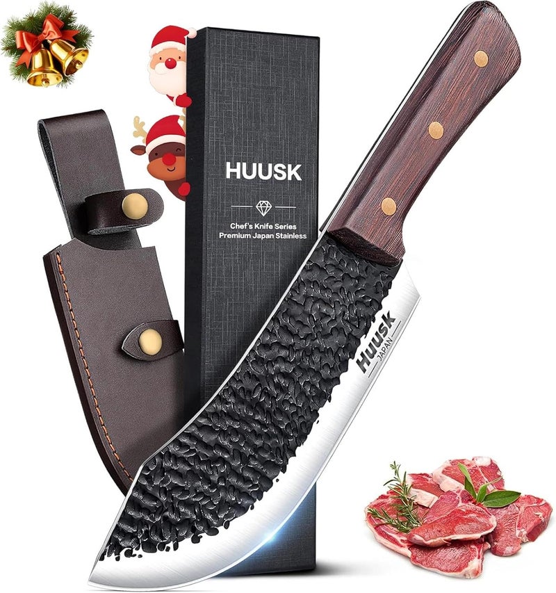 Huusk Meat Cleaver Knife - 7" Butcher Knife for Meat Cutting - Hand Forged Chopping Knives with Ergonomic Handle - Ultra Sharp Kitchen Chef Knives for Home Outdoor BBQ, Christmas Gifts for Men Women - Image 1