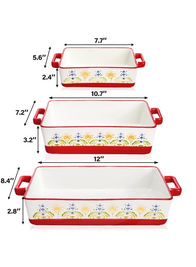 WRINGKIT Set of 3 Ceramic Baking Dishes, Rectangular Casserole Dish for Oven, Ceramic Bakeware Lasagna Pan Deep with Handles for Cooking, Baking, Wedding Gift, 3 Sizes (12''/10.7''/7.7''), Red - Image 2
