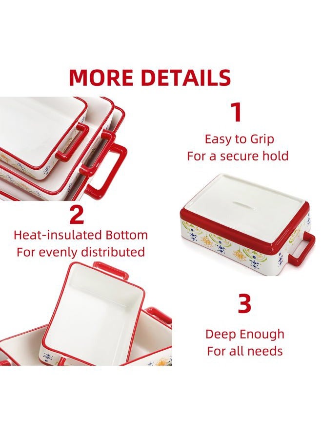 WRINGKIT Set of 3 Ceramic Baking Dishes, Rectangular Casserole Dish for Oven, Ceramic Bakeware Lasagna Pan Deep with Handles for Cooking, Baking, Wedding Gift, 3 Sizes (12''/10.7''/7.7''), Red - Image 3