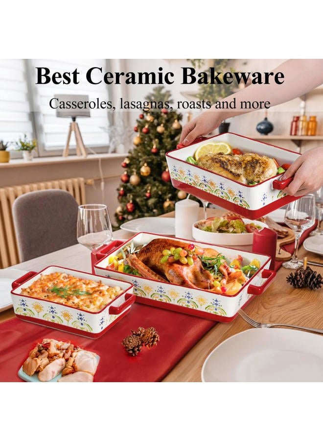 WRINGKIT Set of 3 Ceramic Baking Dishes, Rectangular Casserole Dish for Oven, Ceramic Bakeware Lasagna Pan Deep with Handles for Cooking, Baking, Wedding Gift, 3 Sizes (12''/10.7''/7.7''), Red - Image 5