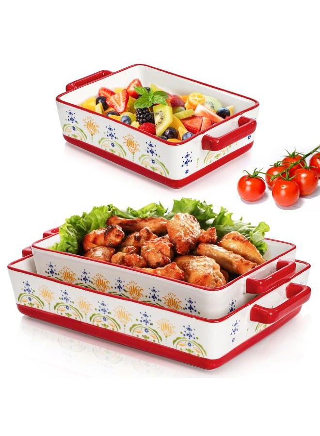 WRINGKIT Set of 3 Ceramic Baking Dishes, Rectangular Casserole Dish for Oven, Ceramic Bakeware Lasagna Pan Deep with Handles for Cooking, Baking, Wedding Gift, 3 Sizes (12''/10.7''/7.7''), Red - Image 1