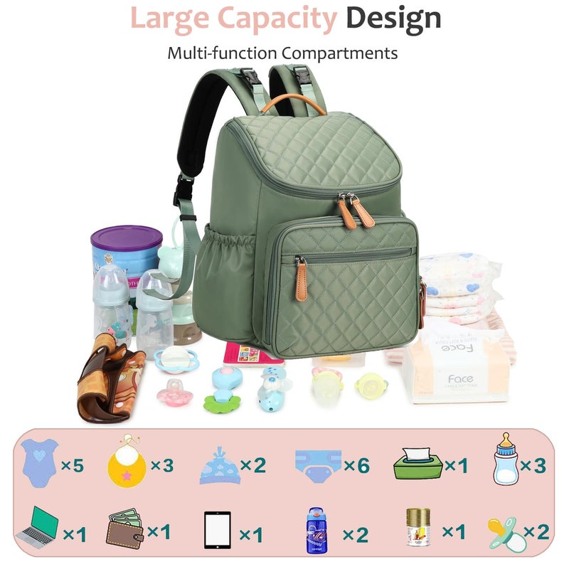 LORADI Large Capacity Diaper Bag Backpack with Stroller Buckle, Water-Resistant Travel Baby Bag with Insulated Pockets (Classic, Green) - Image 2