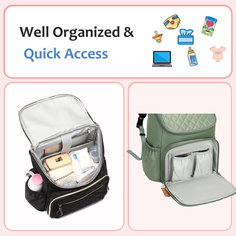 LORADI Large Capacity Diaper Bag Backpack with Stroller Buckle, Water-Resistant Travel Baby Bag with Insulated Pockets (Classic, Green) - Image 3