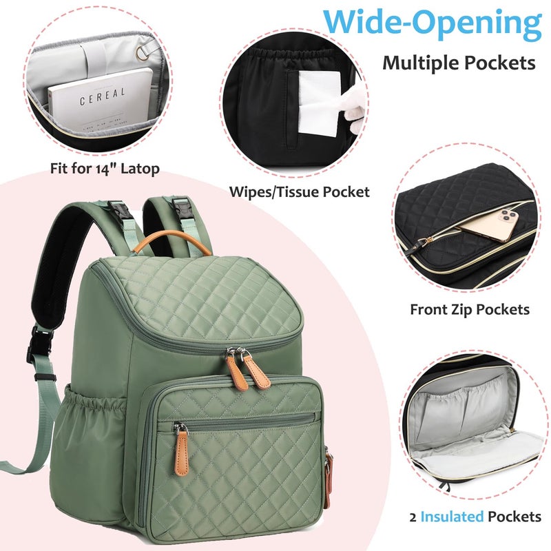 LORADI Large Capacity Diaper Bag Backpack with Stroller Buckle, Water-Resistant Travel Baby Bag with Insulated Pockets (Classic, Green) - Image 4