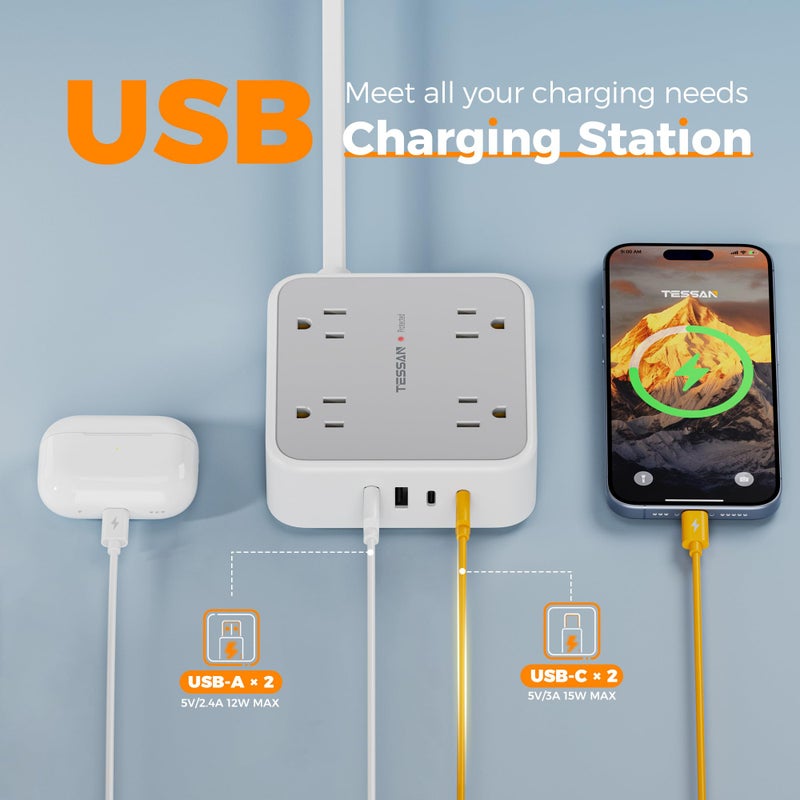 TESSAN Surge Protector Power Strip, 5 FT Extension Cord with Multiple Outlets Flat Plug, 4 USB (2 USB C) and 8 AC Outlets, 900 Joules Protection, Wall Mount Charging Station for Home, Office, Dorm - Image 2