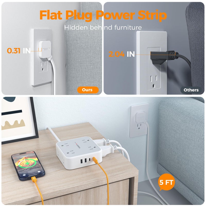 TESSAN Surge Protector Power Strip, 5 FT Extension Cord with Multiple Outlets Flat Plug, 4 USB (2 USB C) and 8 AC Outlets, 900 Joules Protection, Wall Mount Charging Station for Home, Office, Dorm - Image 4