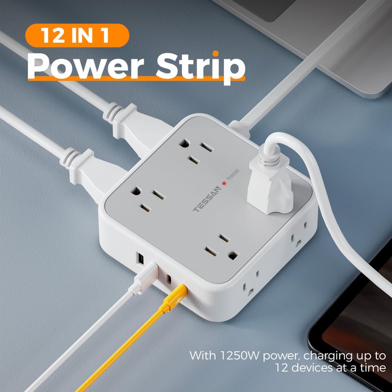 TESSAN Surge Protector Power Strip, 5 FT Extension Cord with Multiple Outlets Flat Plug, 4 USB (2 USB C) and 8 AC Outlets, 900 Joules Protection, Wall Mount Charging Station for Home, Office, Dorm - Image 3