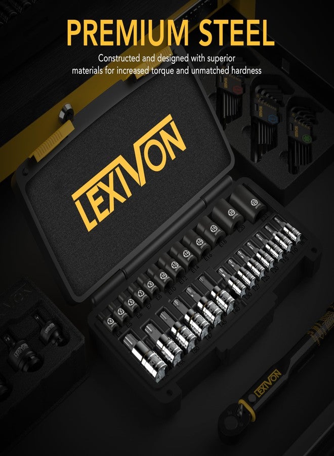 LEXIVON مجموعة رؤوس ومفاتيح توركس من ليكسيفون ماستر، مصنوعة من سبيكة S2 الممتازة وفولاذ الكروم والفاناديوم | 25 قطعة، رؤوس ومفاتيح توركس من T8 إلى T60 وE-Torx من E4 إلى E22 | علبة تخزين شديدة التحمل (LX-148) - Image 2