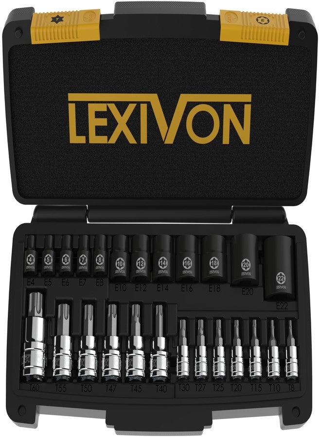 LEXIVON مجموعة رؤوس ومفاتيح توركس من ليكسيفون ماستر، مصنوعة من سبيكة S2 الممتازة وفولاذ الكروم والفاناديوم | 25 قطعة، رؤوس ومفاتيح توركس من T8 إلى T60 وE-Torx من E4 إلى E22 | علبة تخزين شديدة التحمل (LX-148) - Image 1
