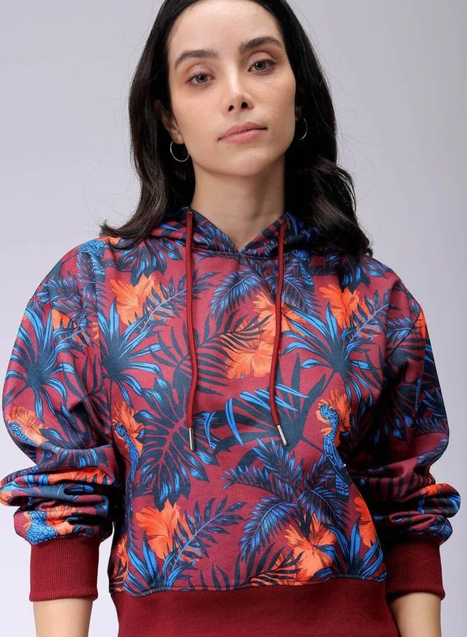 Women Relaxed Fit Floral Printed Hooded Neck Long Sleeve Hooded Sweatshirt