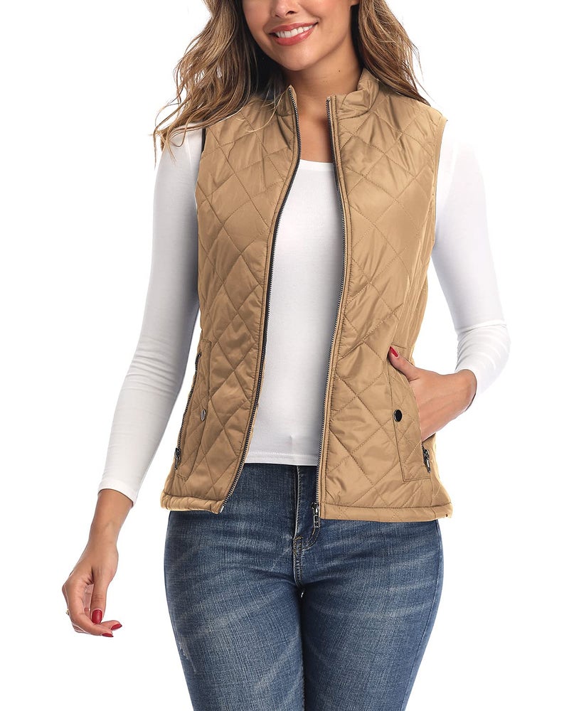 Argstar Womens Quilted Puffer Vest with 4 Pockets Stand Collar Lightweight Zip Padded Outerwear Gilet Camel Large