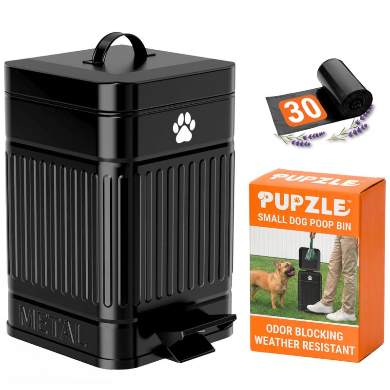 Pupzle Small Dog Poop Trash Can Outside, 1.3 Gal Metal Dog Waste Trash Can, Small Poop Bucket Outdoor with Lid, Poo Container Bin Waterproof Backyard Odor Control, 30 Bags (Black) - Image 1
