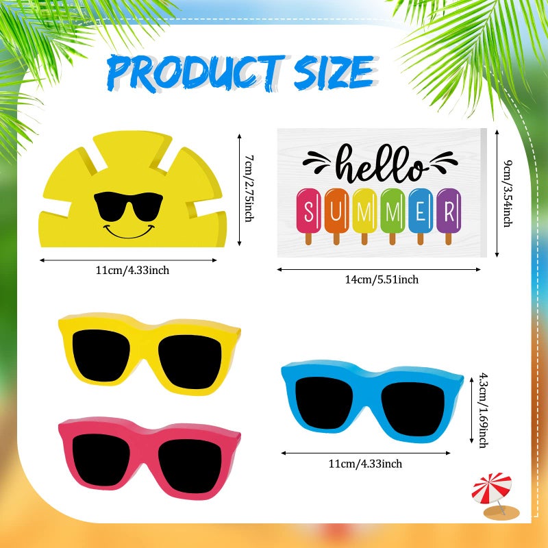 Jetec 5 Pcs Hello Summer Tiered Tray Decor Wooden Sunglasses Table Decor Set Rustic Tabletop Decoration Farmhouse Sunshine Flower Wood Table Sign Centerpieces Summer Decorations for Home Office Shelf - Image 3