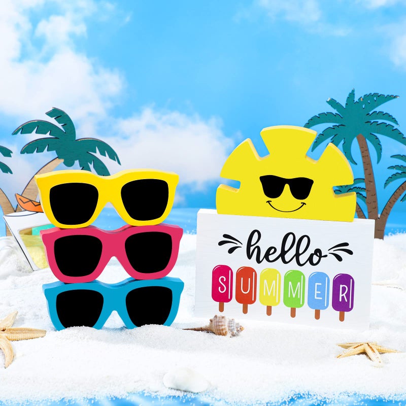 Jetec 5 Pcs Hello Summer Tiered Tray Decor Wooden Sunglasses Table Decor Set Rustic Tabletop Decoration Farmhouse Sunshine Flower Wood Table Sign Centerpieces Summer Decorations for Home Office Shelf - Image 2
