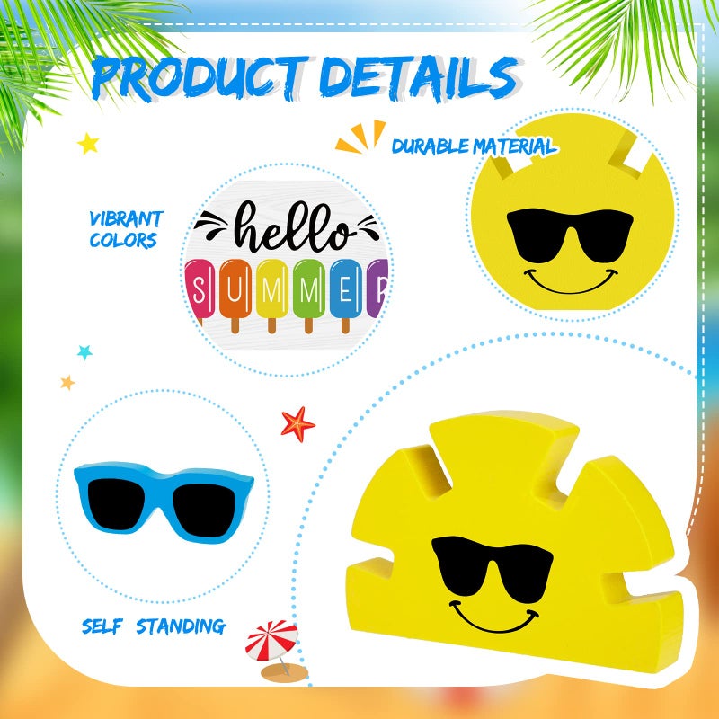 Jetec 5 Pcs Hello Summer Tiered Tray Decor Wooden Sunglasses Table Decor Set Rustic Tabletop Decoration Farmhouse Sunshine Flower Wood Table Sign Centerpieces Summer Decorations for Home Office Shelf - Image 4