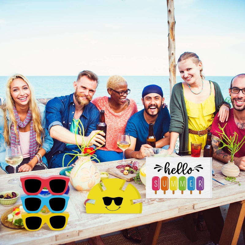 Jetec 5 Pcs Hello Summer Tiered Tray Decor Wooden Sunglasses Table Decor Set Rustic Tabletop Decoration Farmhouse Sunshine Flower Wood Table Sign Centerpieces Summer Decorations for Home Office Shelf - Image 5