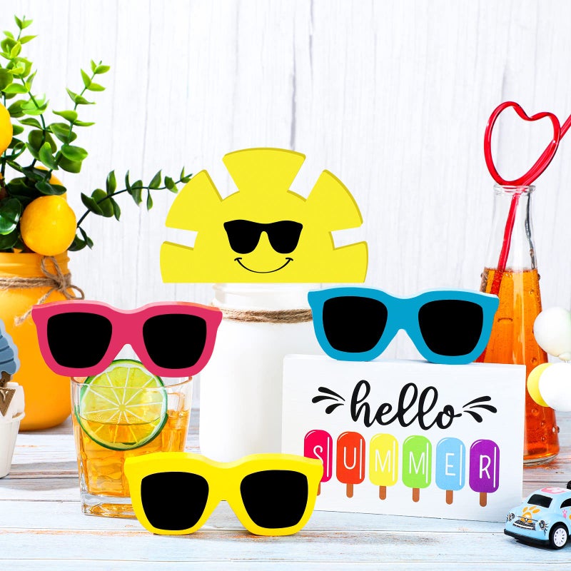 Jetec 5 Pcs Hello Summer Tiered Tray Decor Wooden Sunglasses Table Decor Set Rustic Tabletop Decoration Farmhouse Sunshine Flower Wood Table Sign Centerpieces Summer Decorations for Home Office Shelf - Image 1