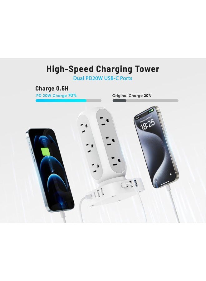 TenTrend 10ft Flat Plug Power Strip Tower, 40W Total Fast Charging Station, Dual PD 20W, USB-C Surge Protector with 12 AC Outlets and 8 USB Ports (4 USB C - Image 3