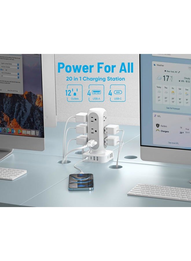 TenTrend 10ft Flat Plug Power Strip Tower, 40W Total Fast Charging Station, Dual PD 20W, USB-C Surge Protector with 12 AC Outlets and 8 USB Ports (4 USB C - Image 2