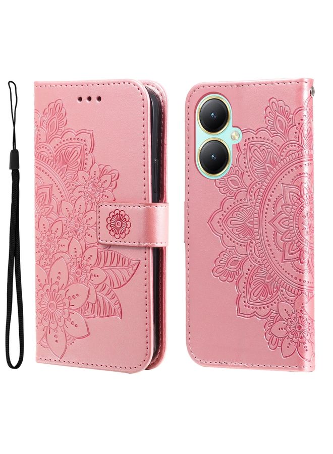 Case Cover For vivo Y35+ 7-petal Flowers Embossing Leather Phone Case Rose Gold
