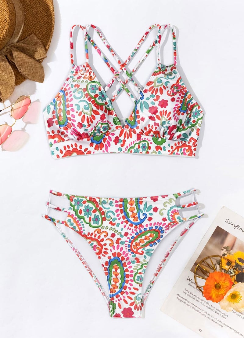 Tainehs Women's Push Up V Neck Bikini Sets Criss Cross Back Two Piece Bathing Suit - Image 3