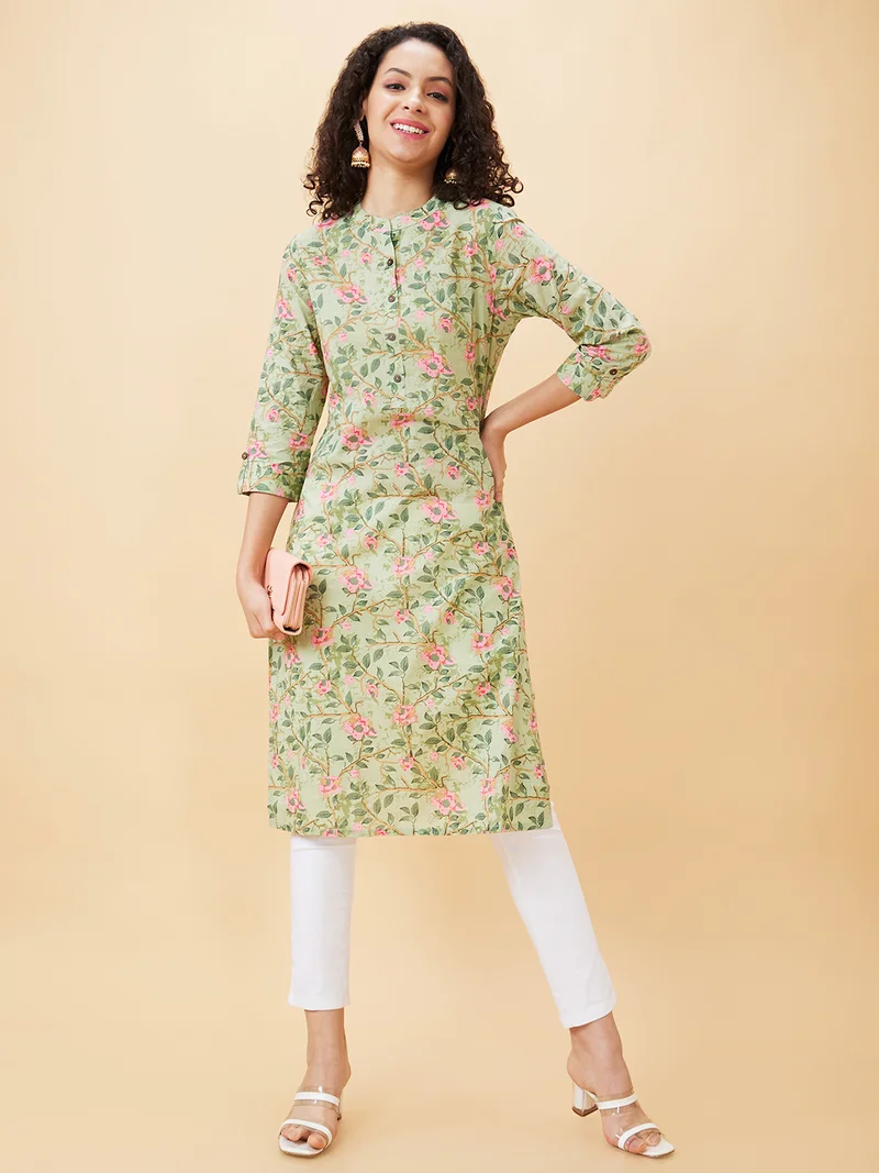globus Women Floral Printed Straight Calf Length Kurta