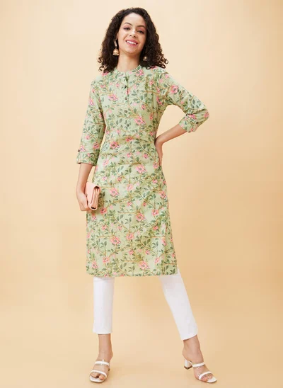 globus Globus Women Floral Printed Straight Calf Length Kurta