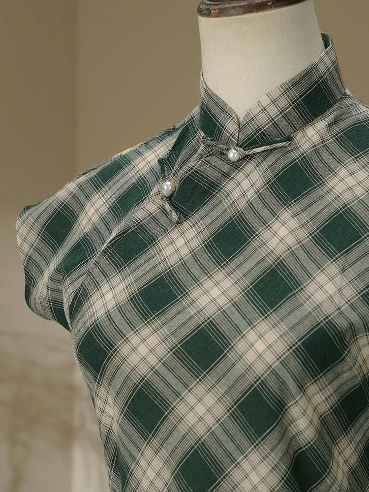 Plaid Cheongsam New Chinese Style Improved Young Girl Elegant Gentle Style Dress Daily Wear - Image 4