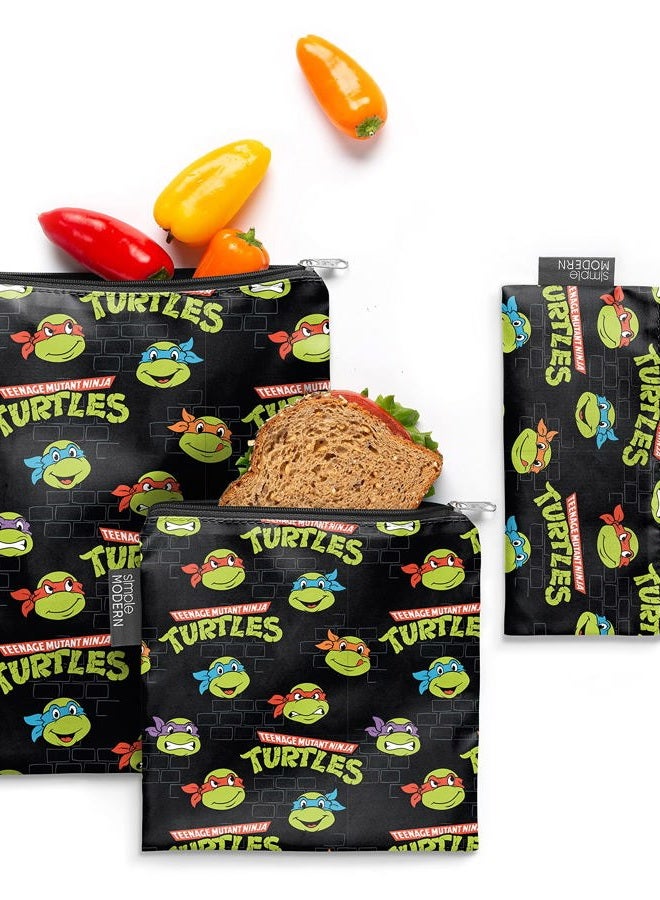 Simple Modern أكياس وجبات خفيفة قابلة لإعادة الاستخدام من نيكيلوديون فياكوم للأطفال | آمنة للطعام، خالية من BPA، خالية من الفثالات، سحاب بوليستر | قابلة للغسل وإعادة التعبئة | مجموعة إيلي | 3 عبوات | اتحاد السلاحف النينجا TMNT - Image 1