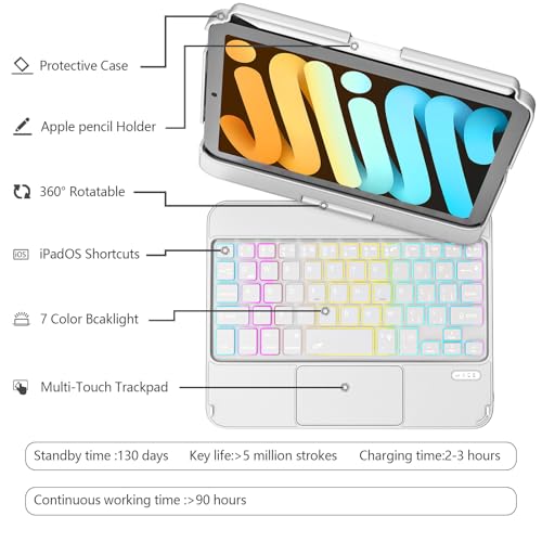 TaIYanG Keyboard Case for iPad mini 7 A17 Pro 2024 & Mini 6, 7 Color Backlit Trackpad Keyboard Case for iPad mini 7th 6th Generation 2021 8.3-inch, 360° Rotatable Slim Cover for iPad, Grey - Image 3