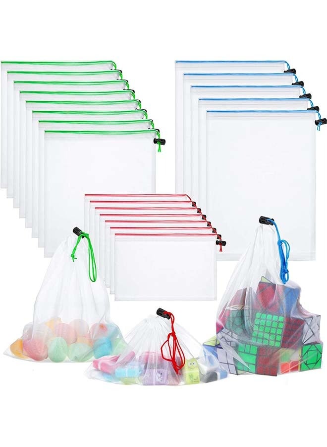 YIM-VIBEHAUS 20 Pieces Reusable Produce Bags Mesh Pouch Toy Storage Bags Drawstring Washable Organization 5 Large 8 Medium 7 Small for School Office, Puzzles Games Storage(Blue, Green, Red)  - Image 1
