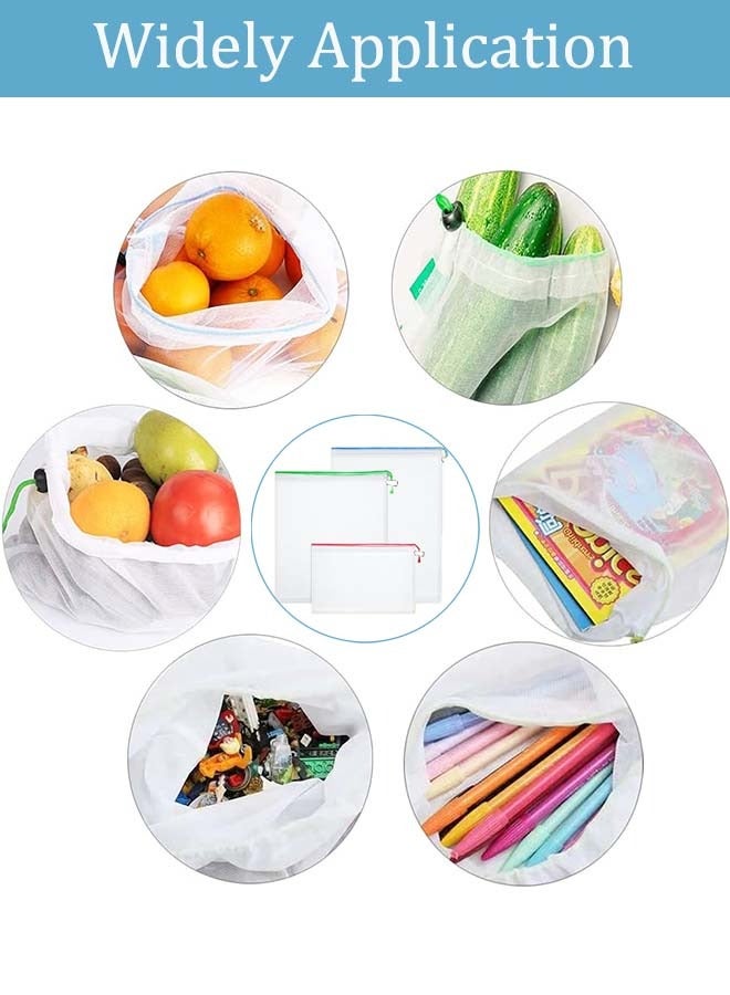 YIM-VIBEHAUS 20 Pieces Reusable Produce Bags Mesh Pouch Toy Storage Bags Drawstring Washable Organization 5 Large 8 Medium 7 Small for School Office, Puzzles Games Storage(Blue, Green, Red)  - Image 4