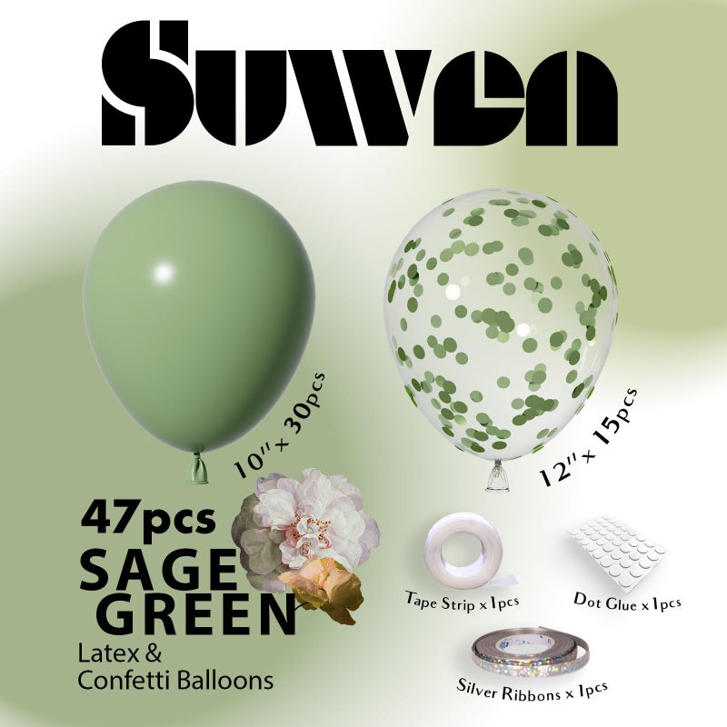 SUWEN Sage Green Balloons and Confetti Balloons Set 47PCS Latex Helium Olive Green Balloon for Birthday Anniversary Party Decorations - Image 2