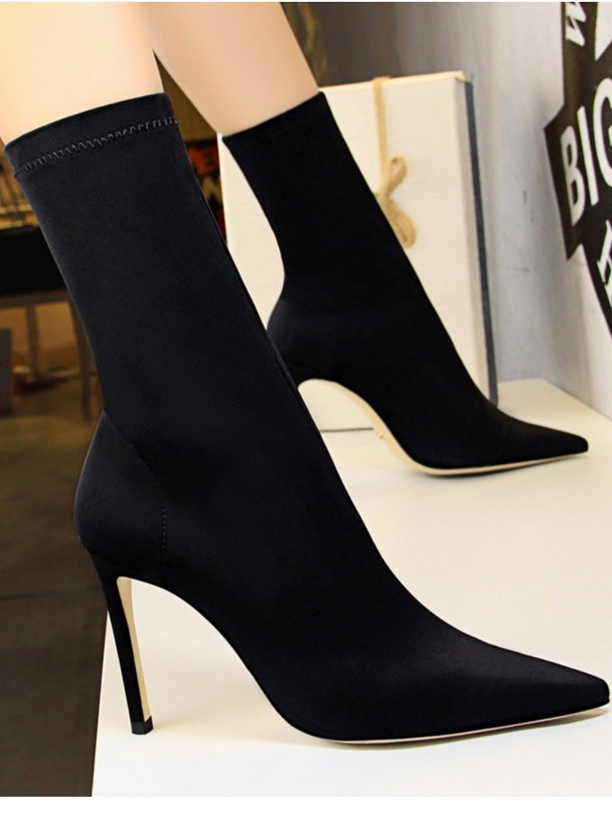 BIGTREE Women's Stretch Pointed Toe Sock Booties  Mid-Calf Ankle Boot 10 CM Stiletto  High Heel Boots Black  - Image 1