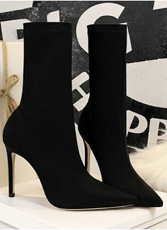 BIGTREE Women's Stretch Pointed Toe Sock Booties  Mid-Calf Ankle Boot 10 CM Stiletto  High Heel Boots Black  - Image 2