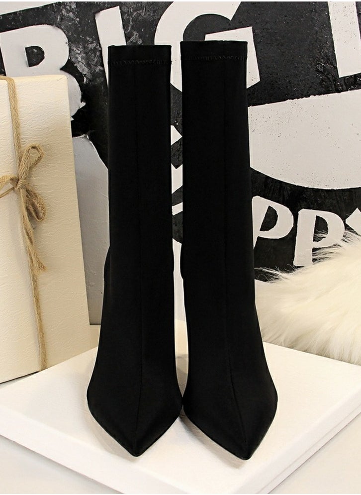BIGTREE Women's Stretch Pointed Toe Sock Booties  Mid-Calf Ankle Boot 10 CM Stiletto  High Heel Boots Black  - Image 3