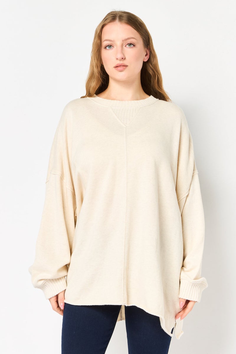 Aerie Women Oversized Fit Heather Long Sleeve Sweatshirt, Cream - Image 1