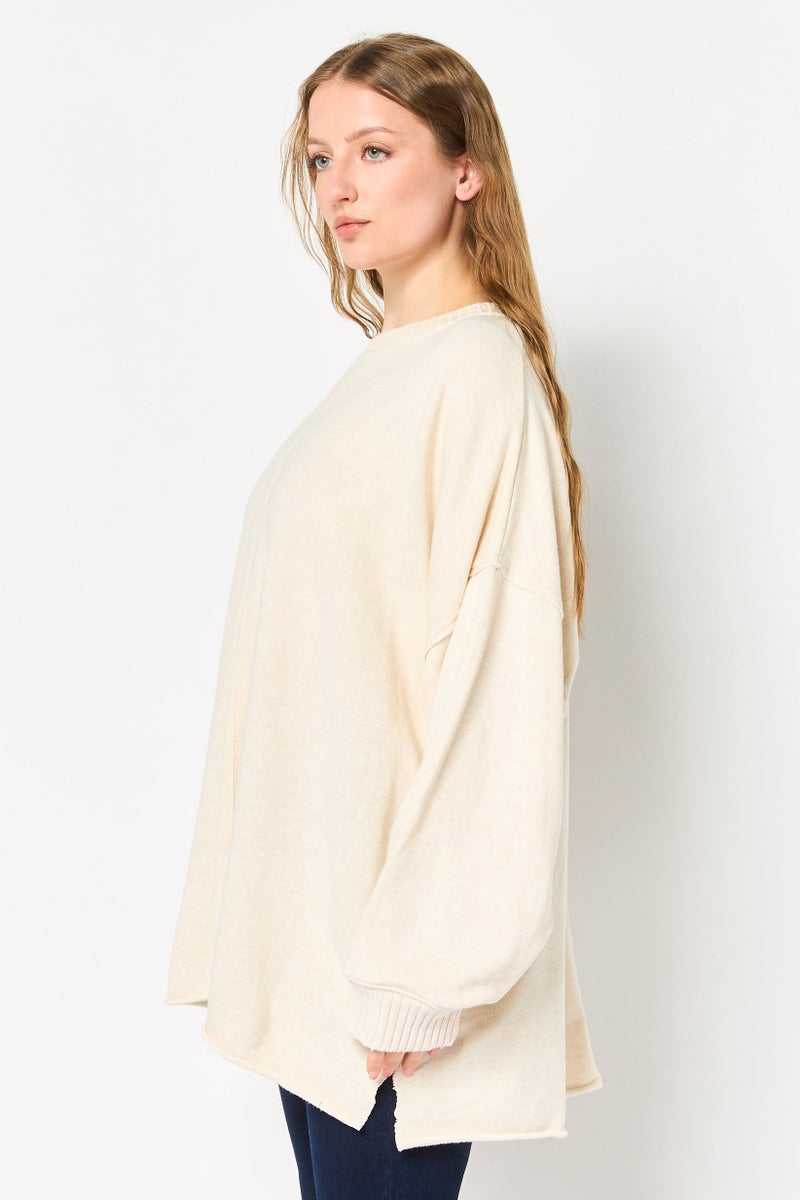 Aerie Women Oversized Fit Heather Long Sleeve Sweatshirt, Cream - Image 2