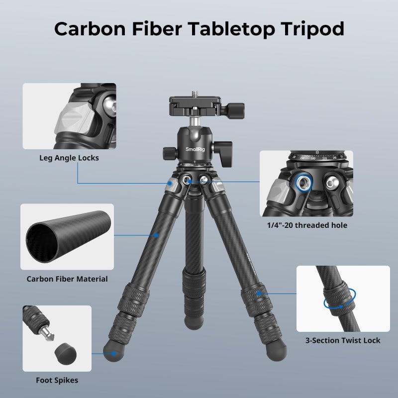 SmallRig Carbon Fiber Mini Desktop Tripod, 15.5'' / 39.5cm Compact Pocket Tabletop Tripod Kit with 360Â° Ball Head, Built-in QR Plate for Arca, Ball Head Capacity 3kg / 6.6lb for Cameras, DSLRs, Lenses - Image 3