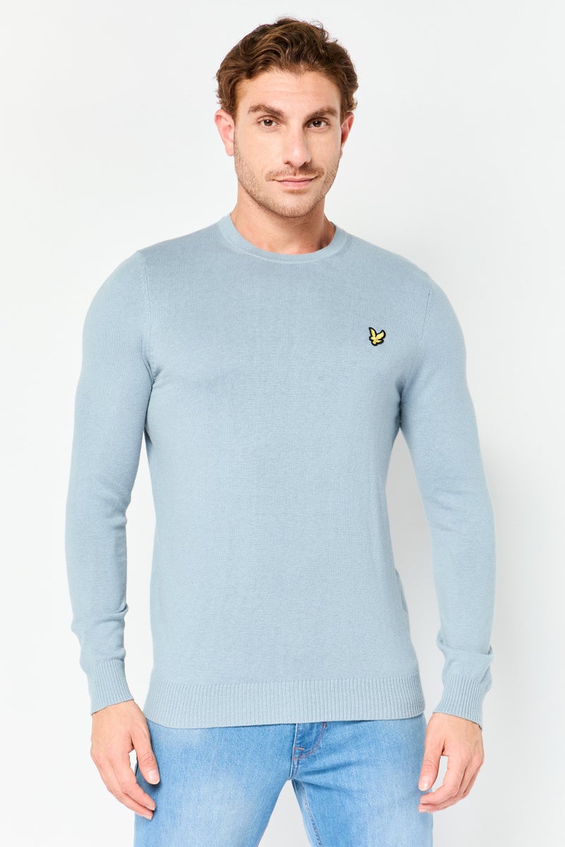 Lyle & Scott سويت شيرت رجالي بياقة دائرية بشعار مطرز، أزرق رمادي - Image 1