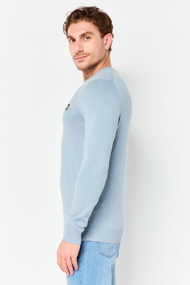 Lyle & Scott سويت شيرت رجالي بياقة دائرية بشعار مطرز، أزرق رمادي - Image 3