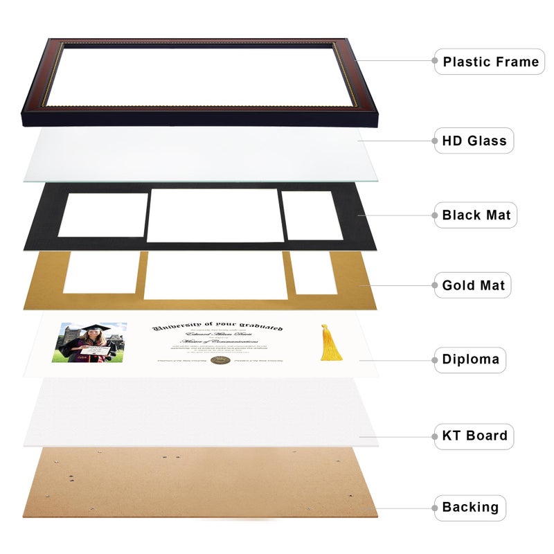 upsimples 11x22 Diploma Frame with Tassel Holder for 8.5x11 Certificate and 5x7 Photo with Black over Gold Mat, High Definition Glass, Mahogany with Gold Beads, 1 Pack - Image 2