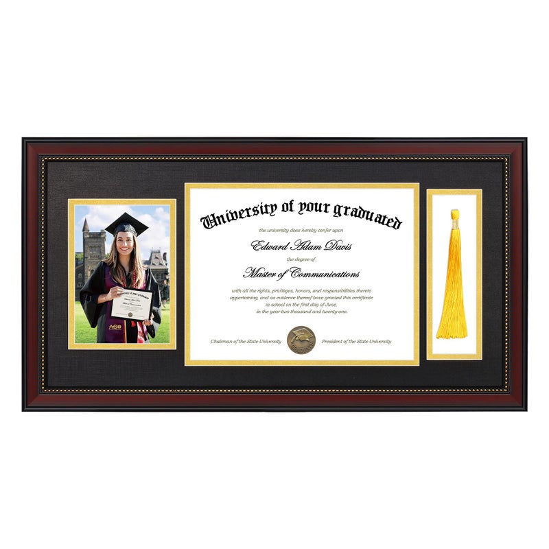 upsimples 11x22 Diploma Frame with Tassel Holder for 8.5x11 Certificate and 5x7 Photo with Black over Gold Mat, High Definition Glass, Mahogany with Gold Beads, 1 Pack - Image 1